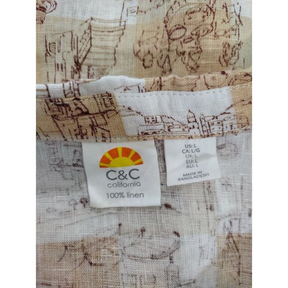 C&C California 100% Linen Beige White Printed Long-Sleeve Shirt Womens Size L. - Picture 3 of 7